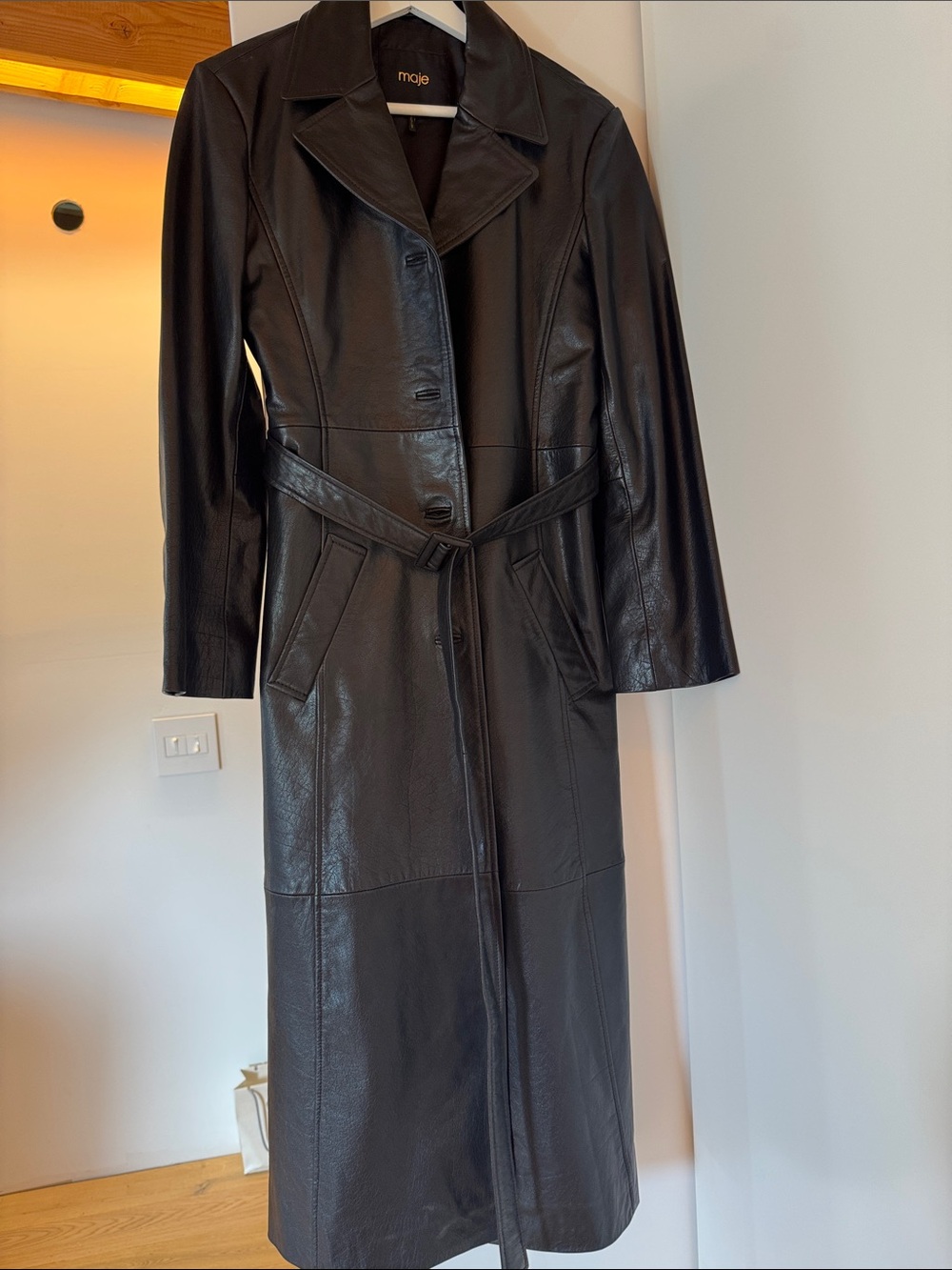 Maje Black Long Leather Trench Coat